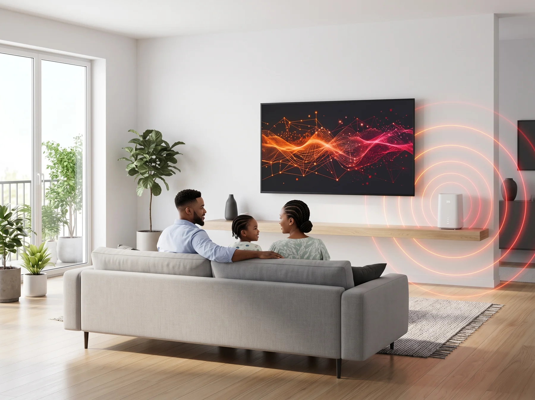 Fast at home. A family watches a data-visualization display together in their living room.