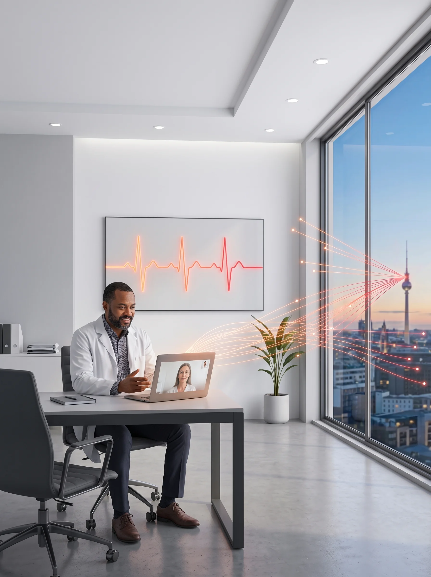 Care, at a distance. A doctor consults a patient over a telemedicine video call.